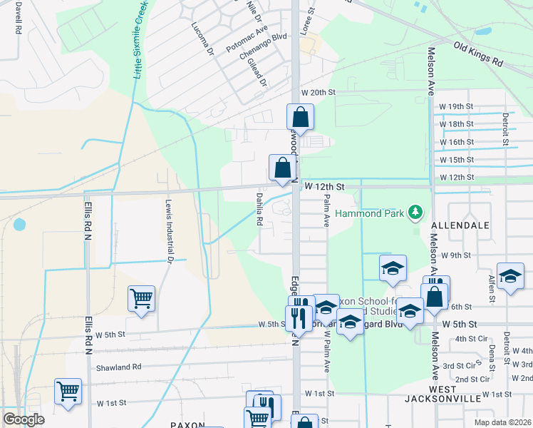 map of restaurants, bars, coffee shops, grocery stores, and more near 2025 Dahlia Road in Jacksonville