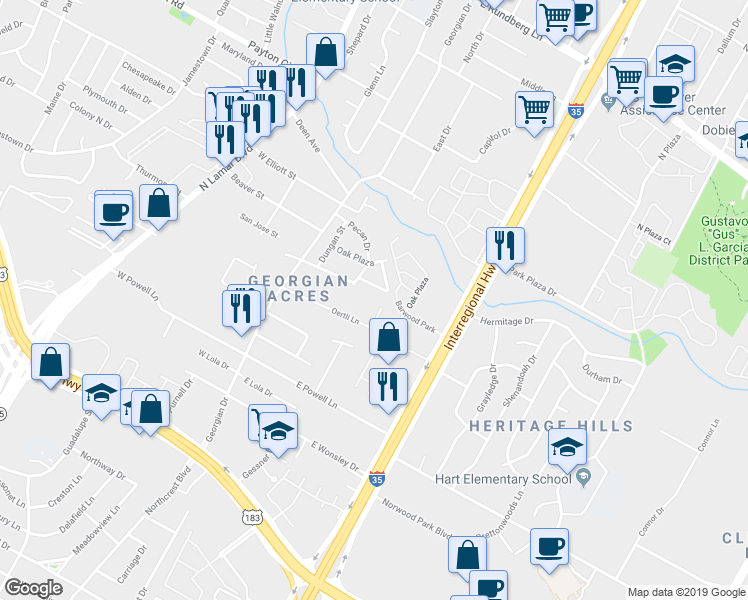 map of restaurants, bars, coffee shops, grocery stores, and more near 411 Primrose Street in Austin