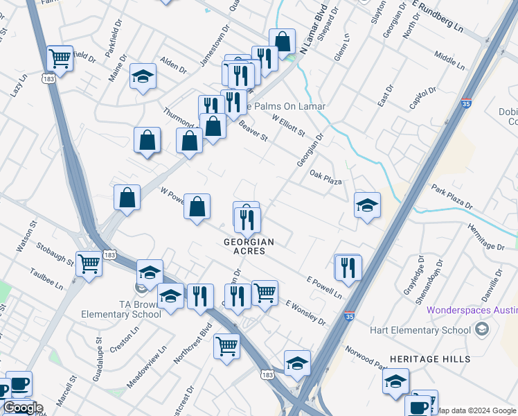 map of restaurants, bars, coffee shops, grocery stores, and more near 107 Jennifer Lane in Austin