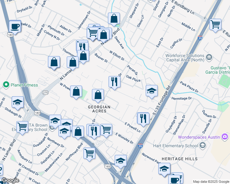 map of restaurants, bars, coffee shops, grocery stores, and more near 105 Oertli Lane in Austin