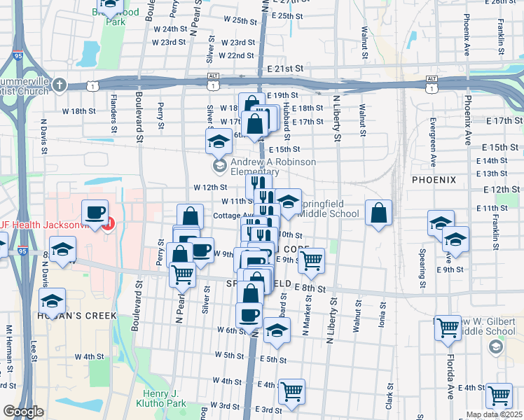 map of restaurants, bars, coffee shops, grocery stores, and more near 2062 N Main St in Jacksonville