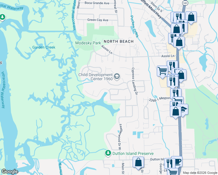 map of restaurants, bars, coffee shops, grocery stores, and more near 1467 Cove Landing Drive in Atlantic Beach