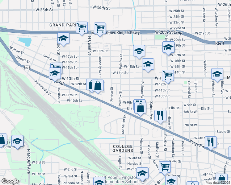 map of restaurants, bars, coffee shops, grocery stores, and more near 2020 Palafox Street in Jacksonville