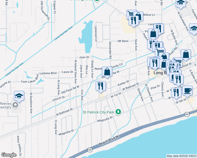 map of restaurants, bars, coffee shops, grocery stores, and more near 611 Old Pass Road West in Long Beach