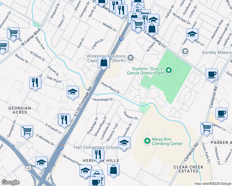 map of restaurants, bars, coffee shops, grocery stores, and more near 919 Park Plaza in Austin
