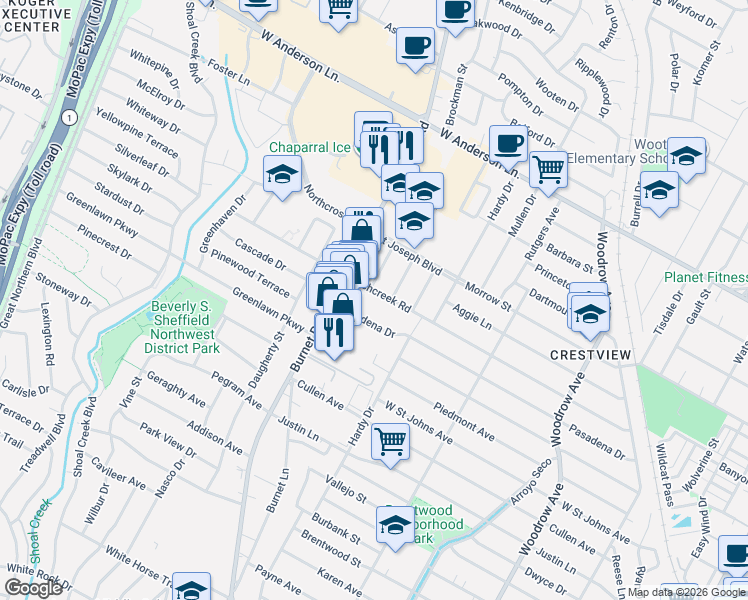 map of restaurants, bars, coffee shops, grocery stores, and more near 2143-2173 Richcreek Road in Austin