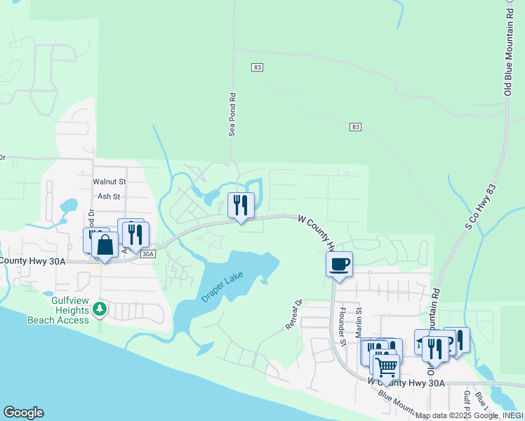 map of restaurants, bars, coffee shops, grocery stores, and more near 21 Blue Gulf Drive in Santa Rosa Beach