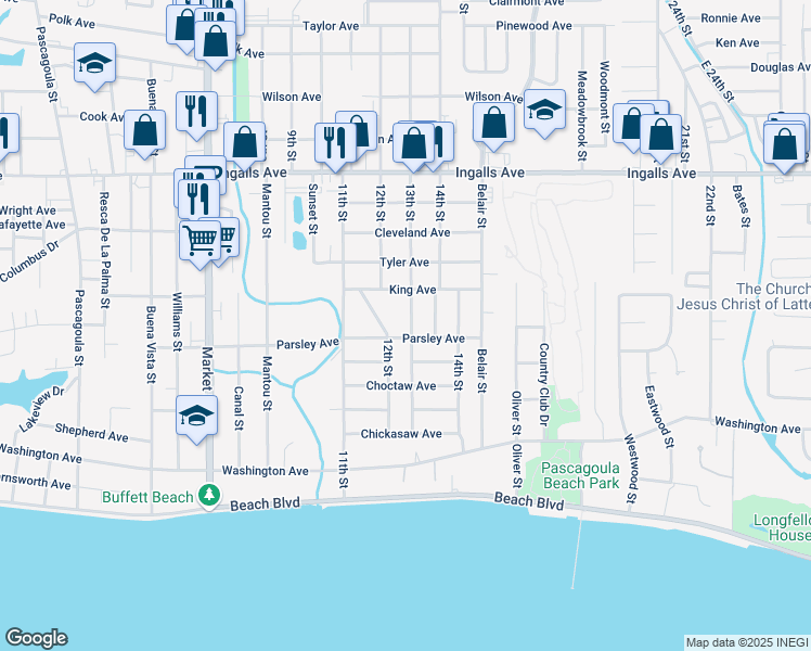 map of restaurants, bars, coffee shops, grocery stores, and more near 1111 13th St in Pascagoula