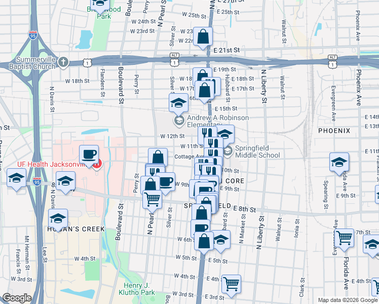 map of restaurants, bars, coffee shops, grocery stores, and more near 2048 North Laura Street in Jacksonville