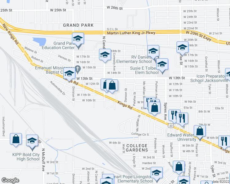 map of restaurants, bars, coffee shops, grocery stores, and more near 2114 Flag Street in Jacksonville