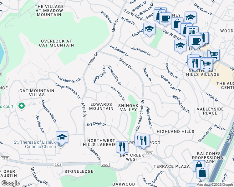 map of restaurants, bars, coffee shops, grocery stores, and more near 6210 Bon Terra Drive in Austin