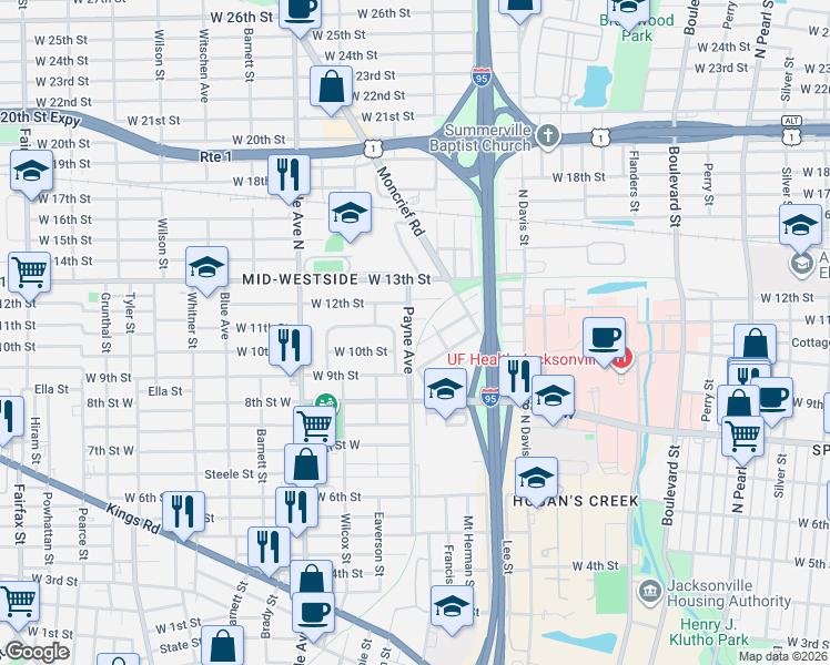 map of restaurants, bars, coffee shops, grocery stores, and more near 2029 East Durkee Drive in Jacksonville