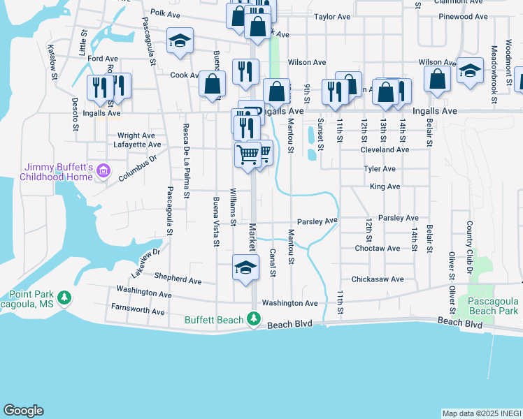 map of restaurants, bars, coffee shops, grocery stores, and more near 1234 Market Street in Pascagoula