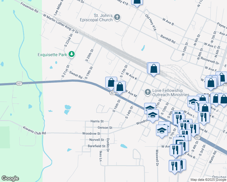 map of restaurants, bars, coffee shops, grocery stores, and more near 1195 Highway 327 in Silsbee