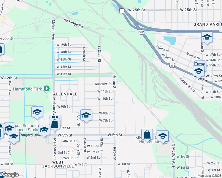 map of restaurants, bars, coffee shops, grocery stores, and more near 2102 Huron Street in Jacksonville