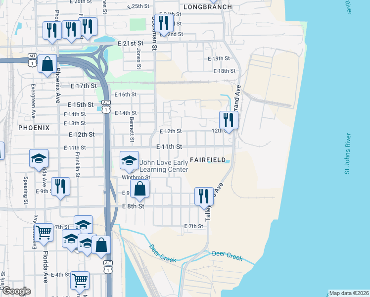 map of restaurants, bars, coffee shops, grocery stores, and more near 2070 Danese Street in Jacksonville