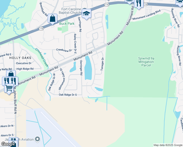 map of restaurants, bars, coffee shops, grocery stores, and more near 11592 Fort Caroline Lakes Drive in Jacksonville
