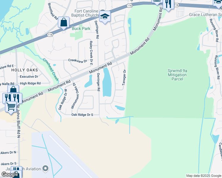map of restaurants, bars, coffee shops, grocery stores, and more near 11592 Fort Caroline Lakes Drive in Jacksonville