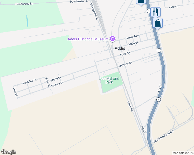 map of restaurants, bars, coffee shops, grocery stores, and more near 4543 Myhand Street in Addis