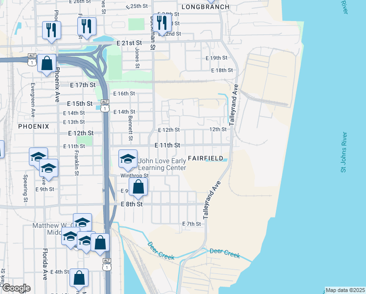 map of restaurants, bars, coffee shops, grocery stores, and more near 2070 Danese Street in Jacksonville