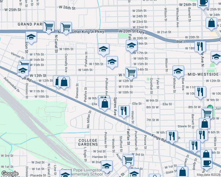 map of restaurants, bars, coffee shops, grocery stores, and more near 2018 Spires Avenue in Jacksonville