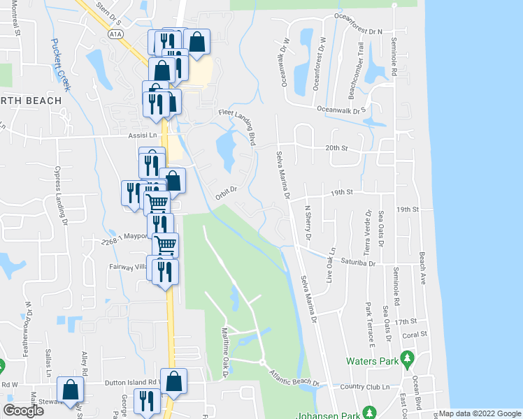 map of restaurants, bars, coffee shops, grocery stores, and more near Sevilla Boulevard West in Atlantic Beach