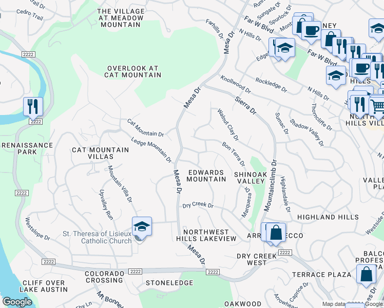 map of restaurants, bars, coffee shops, grocery stores, and more near 4117 Edwards Mountain Drive in Austin