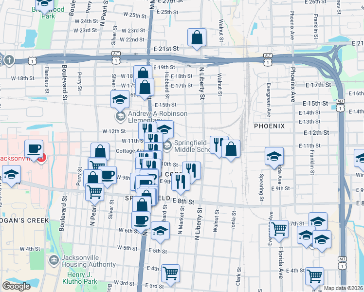 map of restaurants, bars, coffee shops, grocery stores, and more near 150 East 11th Street in Jacksonville