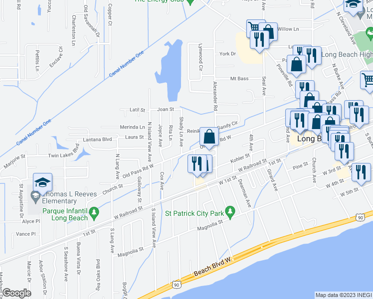 map of restaurants, bars, coffee shops, grocery stores, and more near 628 Old Pass Road West in Long Beach