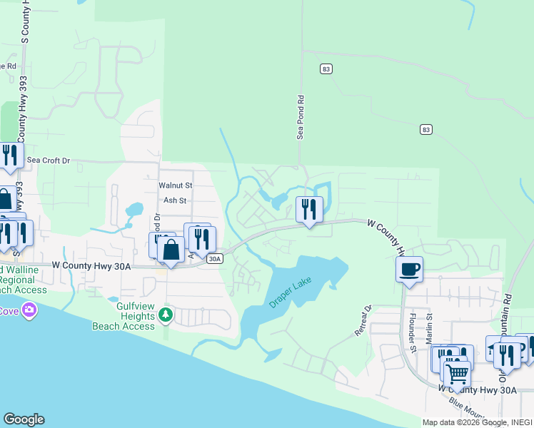 map of restaurants, bars, coffee shops, grocery stores, and more near 69 Talquin in Santa Rosa Beach