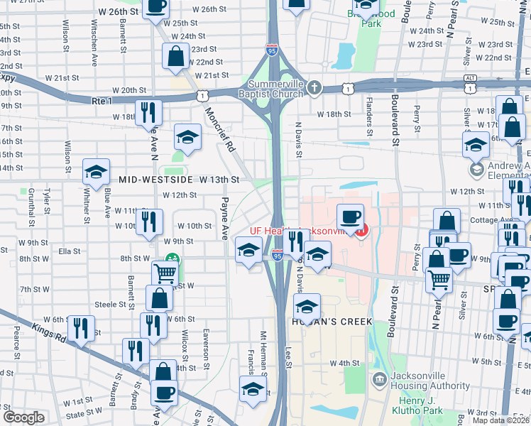 map of restaurants, bars, coffee shops, grocery stores, and more near 1010 Scriven Street in Jacksonville