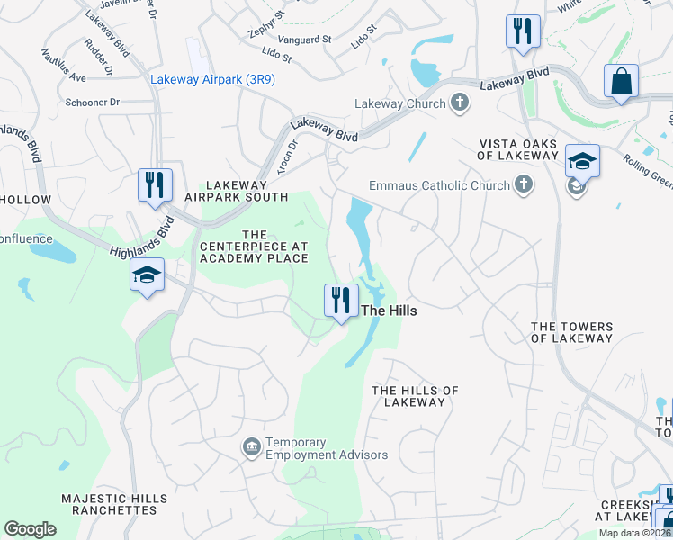map of restaurants, bars, coffee shops, grocery stores, and more near 32A Club Estates Parkway in The Hills