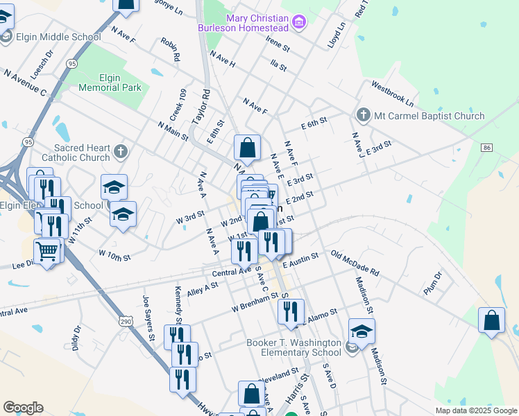 map of restaurants, bars, coffee shops, grocery stores, and more near 201 North Main Street in Elgin