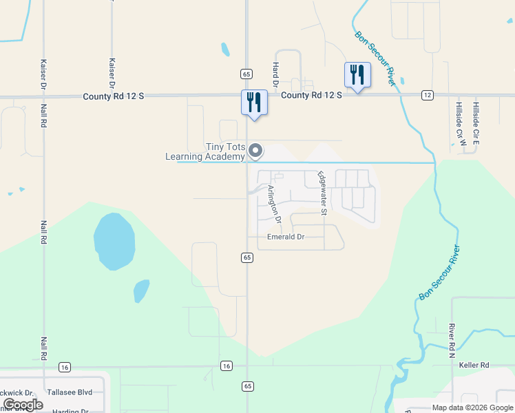 map of restaurants, bars, coffee shops, grocery stores, and more near 8651 County Road 65 in Foley