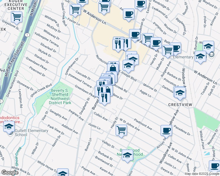 map of restaurants, bars, coffee shops, grocery stores, and more near 2300 Pasadena Drive in Austin