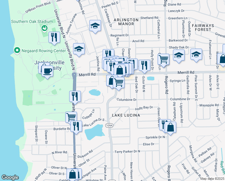 map of restaurants, bars, coffee shops, grocery stores, and more near 2640 Cesery Boulevard in Jacksonville