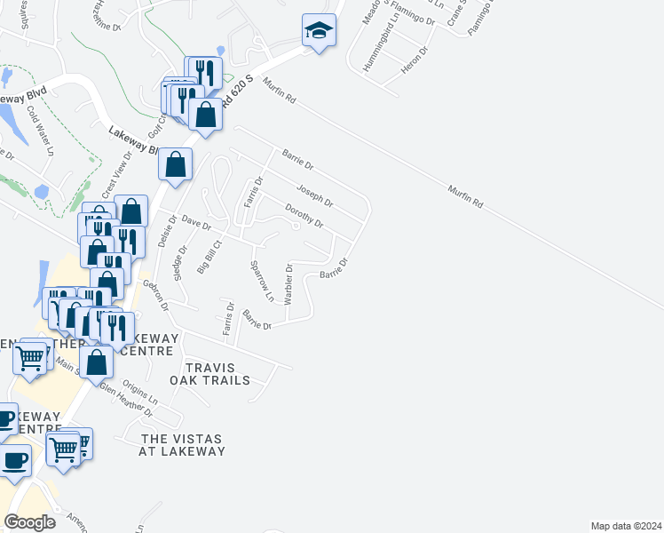 map of restaurants, bars, coffee shops, grocery stores, and more near 15088 Warbler Drive in Austin