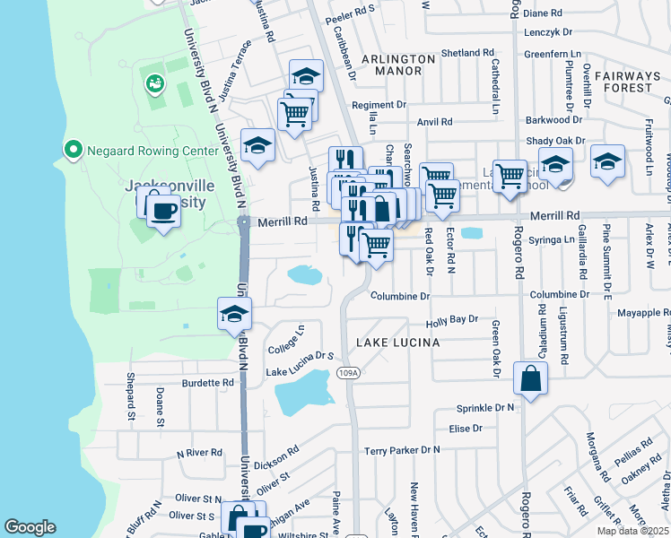 map of restaurants, bars, coffee shops, grocery stores, and more near 2600 Trollie Lane in Jacksonville