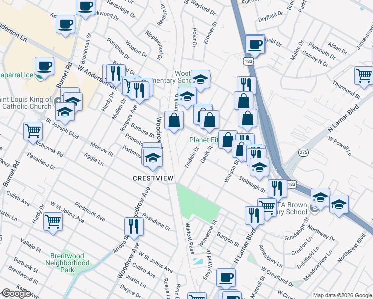 map of restaurants, bars, coffee shops, grocery stores, and more near 7712 Tisdale Drive in Austin