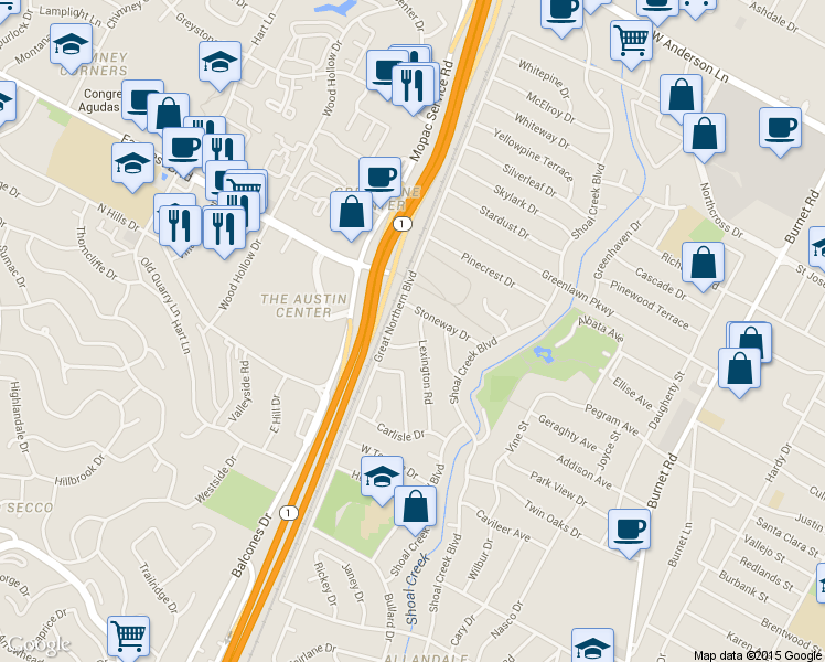 map of restaurants, bars, coffee shops, grocery stores, and more near 3000 Mohawk Road in Austin