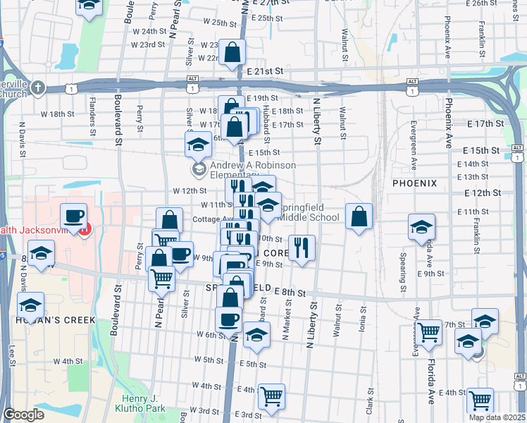 map of restaurants, bars, coffee shops, grocery stores, and more near 2034 Hubbard Street in Jacksonville