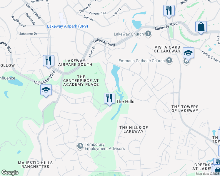 map of restaurants, bars, coffee shops, grocery stores, and more near 5 Tournament Way in The Hills