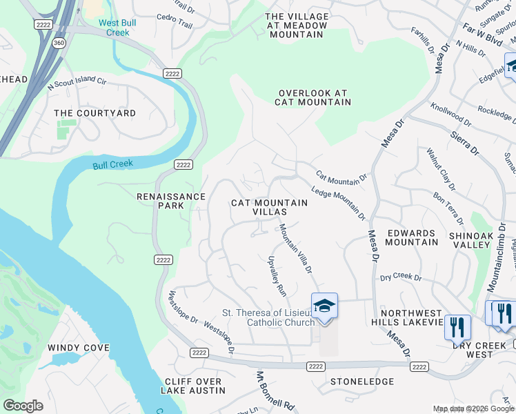 map of restaurants, bars, coffee shops, grocery stores, and more near 4605 Twin Valley Circle in Austin