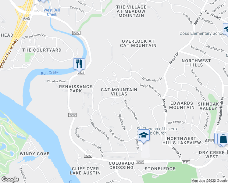 map of restaurants, bars, coffee shops, grocery stores, and more near 4605 Twin Valley Circle in Austin