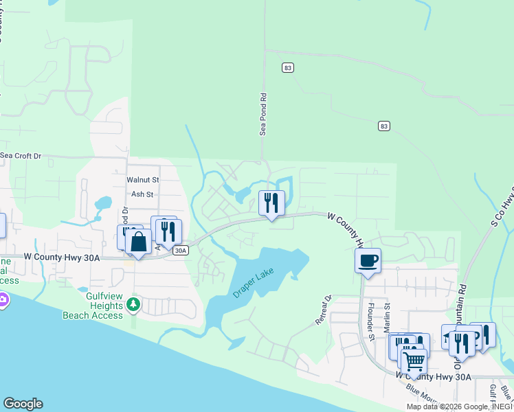 map of restaurants, bars, coffee shops, grocery stores, and more near 71 Okeechobee West in Santa Rosa Beach