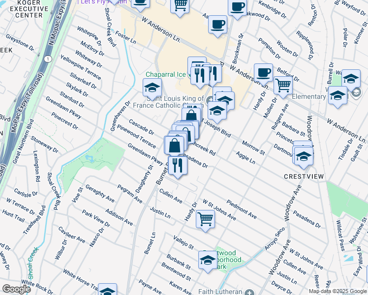 map of restaurants, bars, coffee shops, grocery stores, and more near 2300 Pasadena Drive in Austin