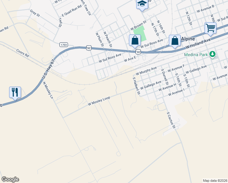 map of restaurants, bars, coffee shops, grocery stores, and more near 1935 West Mosley Loop in Alpine