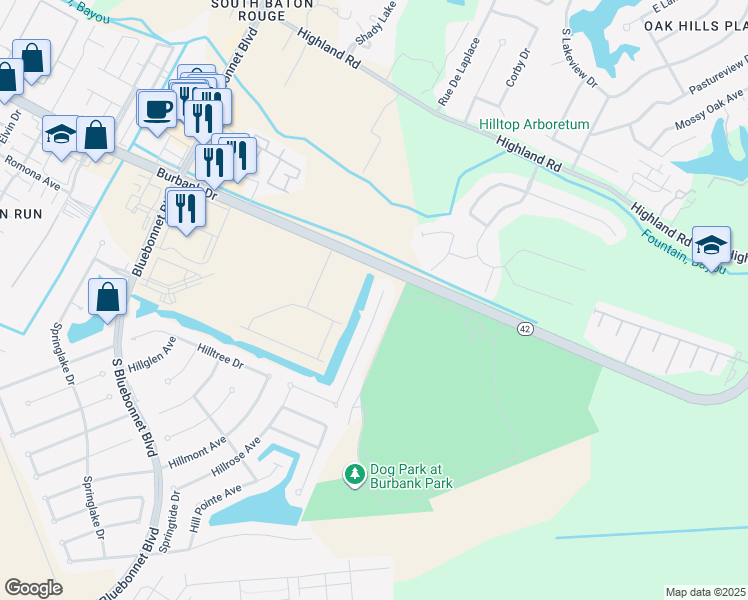 map of restaurants, bars, coffee shops, grocery stores, and more near 11239 Hillpark Avenue in Baton Rouge