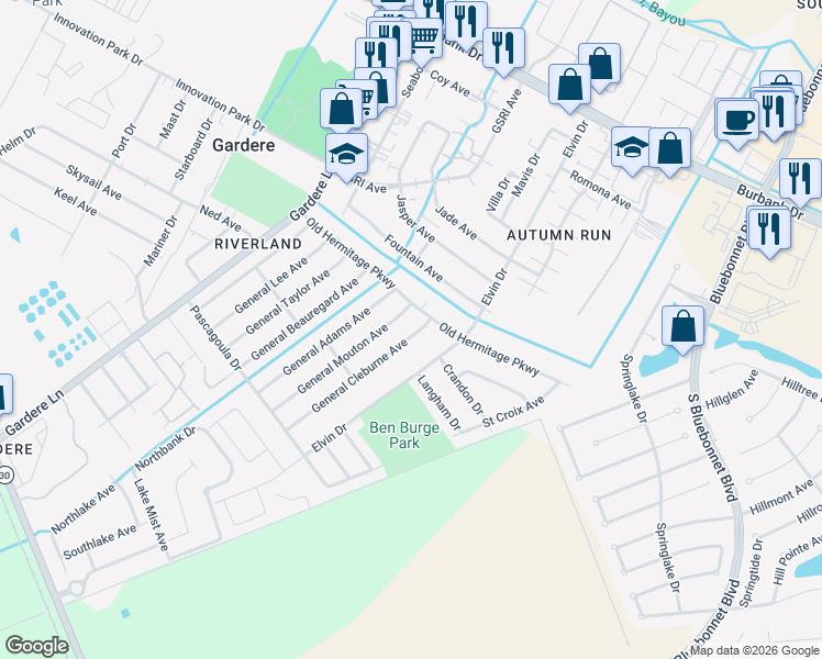 map of restaurants, bars, coffee shops, grocery stores, and more near 1727 General Cleburne Avenue in Baton Rouge