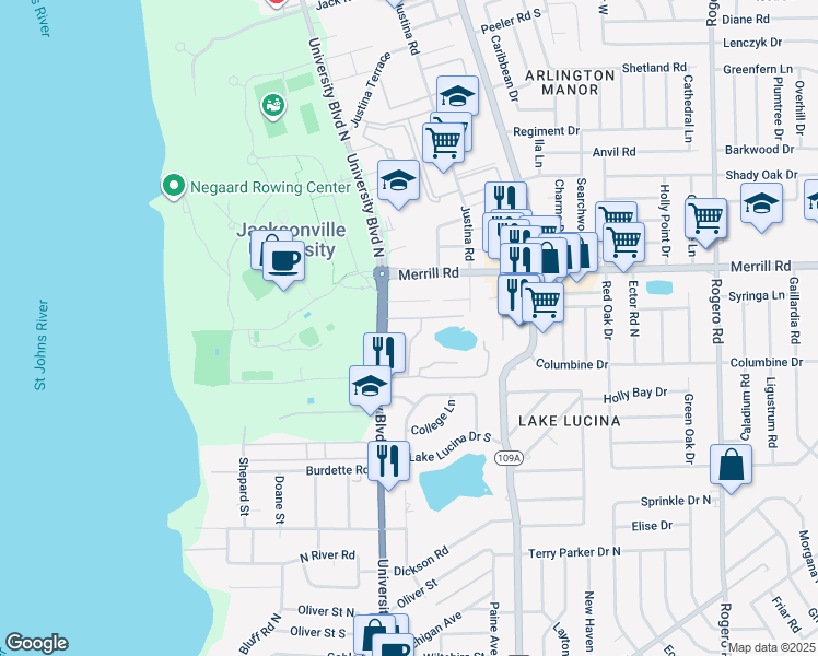 map of restaurants, bars, coffee shops, grocery stores, and more near 2695 University Boulevard North in Jacksonville
